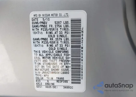 2010 Nissan Murano Sl z USA, uszkodzony, nr VIN JN8AZ1MW5AW128980